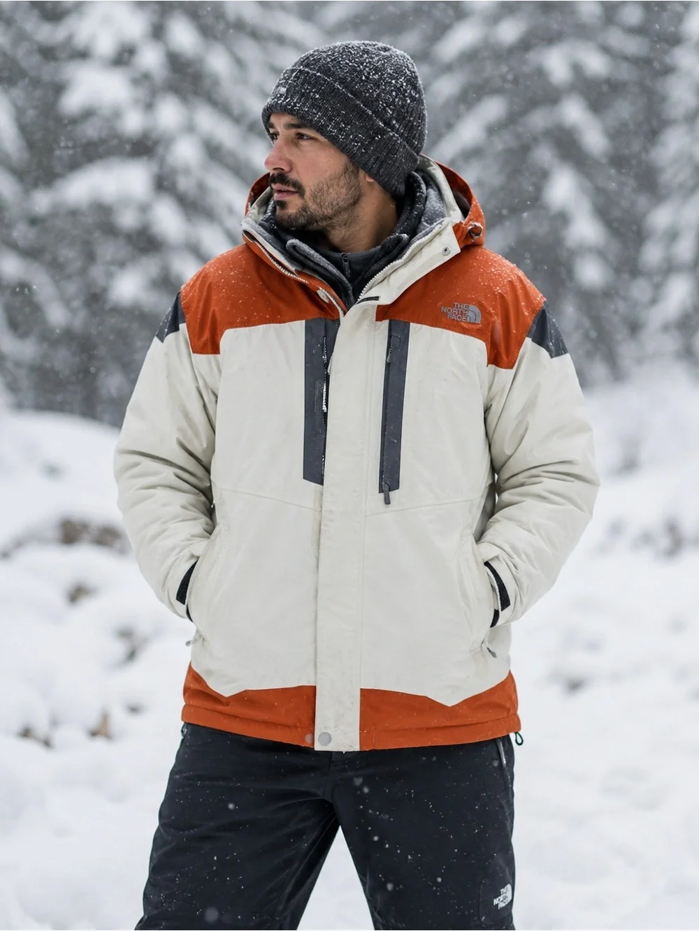 This is a The North Face Hyvent 3-in-1 insulated snow jacket in a white, orange